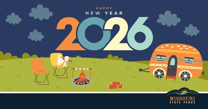 Illustration of a camping scene with a campfire, chair, dog, and camper under a night sky with 'Happy New Year 2026' text.