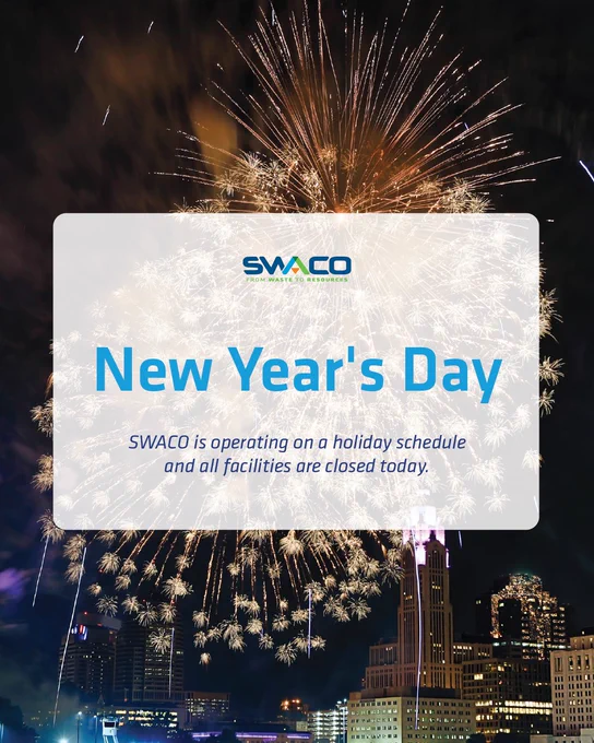 Fireworks burst over a City of Columbus skyline at night with text saying SWACO's New Year's Day holiday schedule and facility closures.