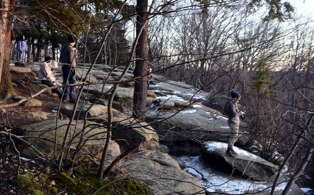 People standing on a rocky overlook surrounded by leafless trees during winter. 