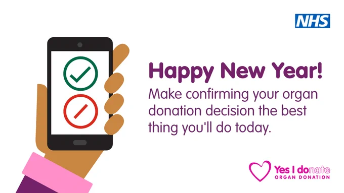 Hand holding smartphone displaying green check and red cross icons for organ donation choices with NHS logo and New Year message.