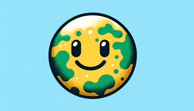 Smiling stylized Earth with yellow landmasses and green continents set against a bright blue background, conveying cheerful optimism.