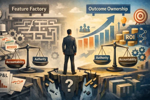Businessman stands at a crossroads between a maze labeled Feature Factory and a growth chart labeled Outcome Ownership with scales of accountability and authority on each side.