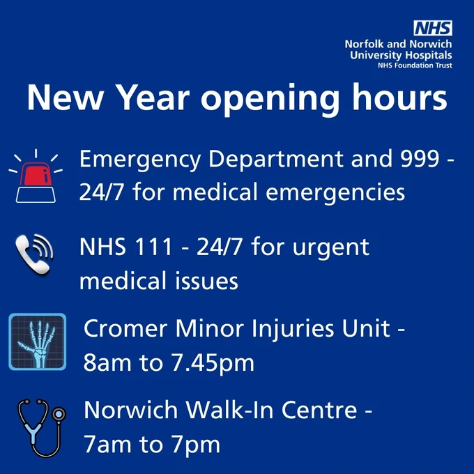 New Year opening hours. Emergency Department and 999 - 24/7 for medical emergencies NHS 111 - 24/7 for urgent medical issues Cromer Minor Injuries Unit - 8am to 7.45pm Norwich Walk-In Centre - 7am to 7pm