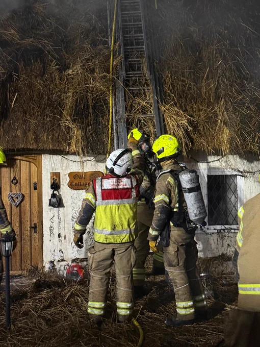 Two firefighters looking at a thatch roof, with a third firefighter at the foot of a ladder