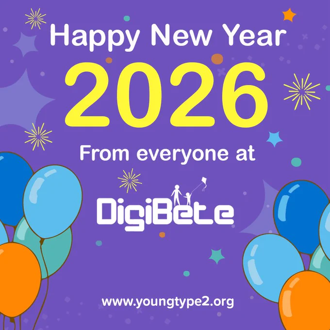A purple background with balloons and fireworks and the message happy new year 2026 from everyone at DigiBete