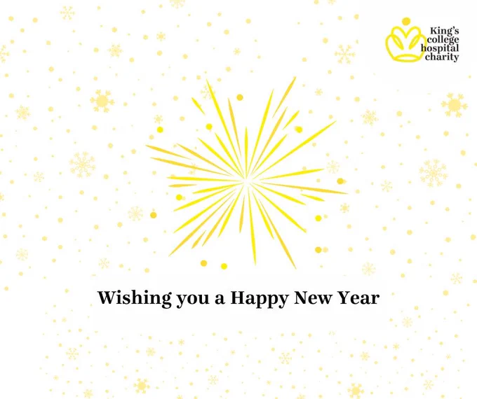Yellow fireworks burst above the text 'Wishing you a Happy New Year' on a white background with scattered yellow sparkles and King's College Hospital Charity logo.