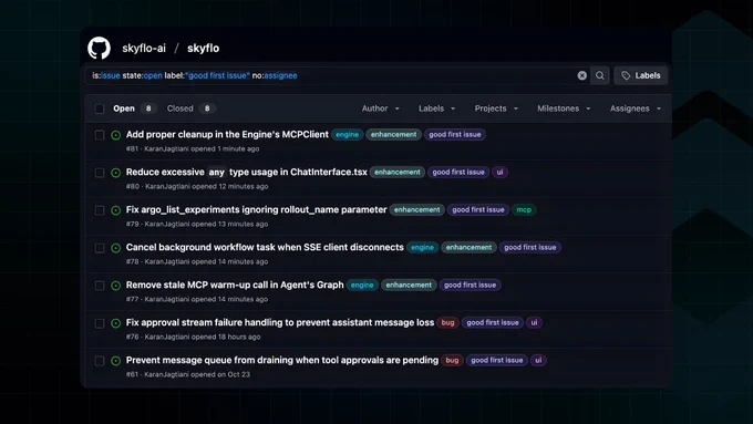 GitHub Issues list for skyflo-ai/skyflo filtered to good first issue, showing open tasks across Engine, MCP, and UI (cleanup, SSE disconnect handling, Argo Rollouts parameter fix, and TypeScript any reduction).