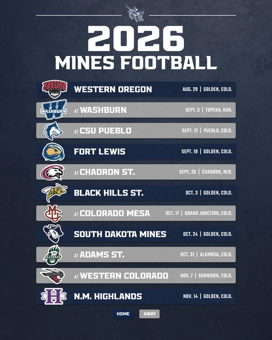 The 2026 Mines Football Schedule. For accessible version, visit tinyurl.com/zzddze3h