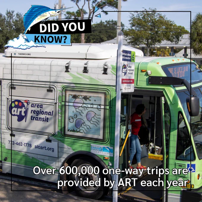 A green and white Area Regional Transit bus with a passenger boarding, highlighting over 600,000 one-way trips annually by ART.