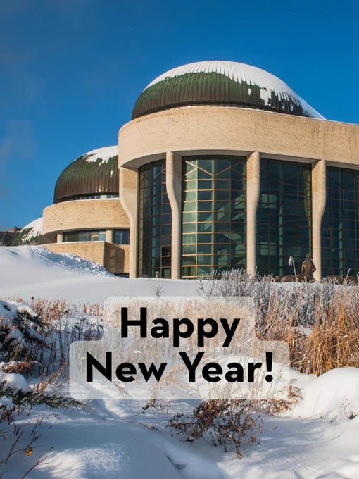 Canadian Museum of History covered in snow with 'Happy New Year!' text overlay.