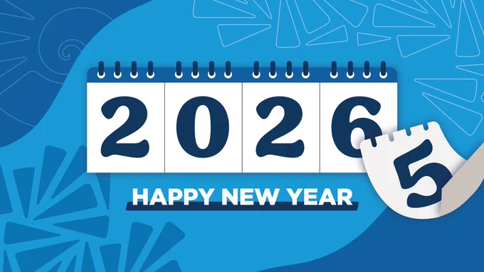  Graphic of 2026 calendar with “5” falling away in front of color-blue and color-dark blue background with color-white outline of nautilus shell and triangles. Graphics: Color-white outline of nautilus shell with color-white outline of triangles and color-dark blue triangles. Text: 2026. 5. Happy New Year. 