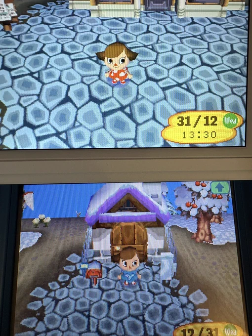Animal Crossing running on two devices for comparison.