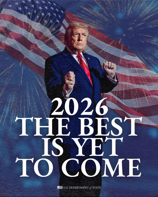 President Trump celebrates in front of an American flag and fireworks, with the words "2026 The Best Is Yet to Come"