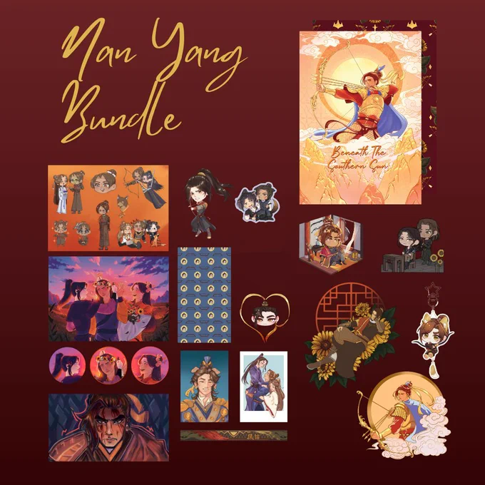 Square graphic with dark red background. In the left upper corner the text 'Nan Yang Bundle' in gold. Images of the items contained in the bundle are shown around the text
