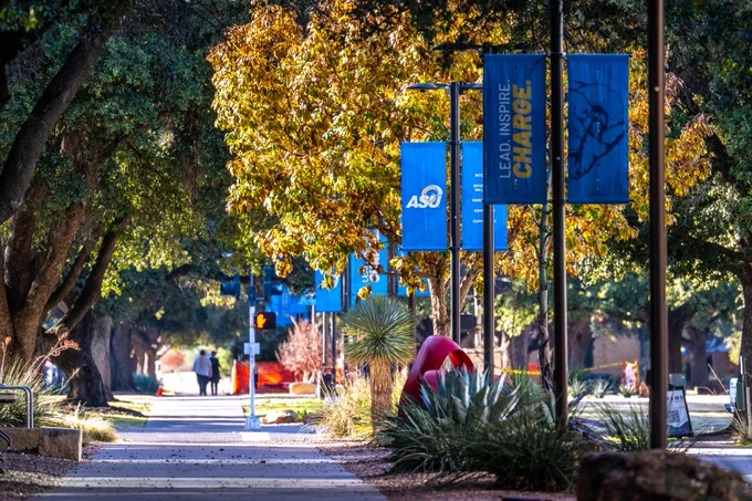 Shot of a college campus mall, with banners running down the sidewalk.