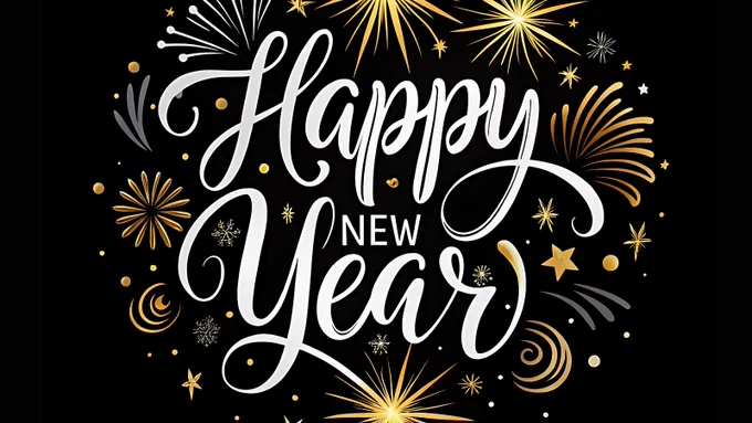 White script text reading “Happy New Year” surrounded by gold and white fireworks, stars, and spark bursts on a black background.