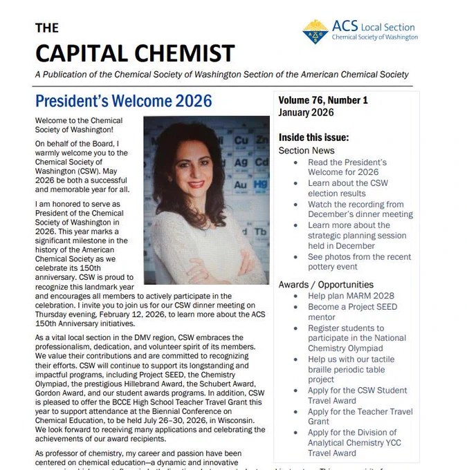 A screenshot of the front page of the Capital Chemist newsletter, with a photo of the 2026 president (woman with brown hair standing with her arms crossed in front of a periodic table) and the text of her welcome address. 