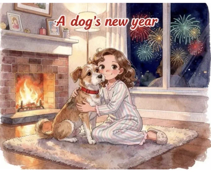 Cover page for a short story called A dog’s new year. Image shows a little girl in pajamas hugging her dog in the living room. There is a fire going in the fireplace and fireworks can be seen through the window.
