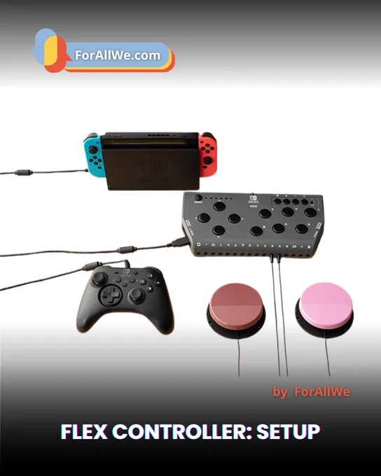 Flex Controller setup connected to a Nintendo Switch, with a Pro Controller and two large external buttons, on a light background.
Setup del Flex Controller collegato a Nintendo Switch, con controller Pro e due grandi pulsanti esterni, su sfondo chiaro.