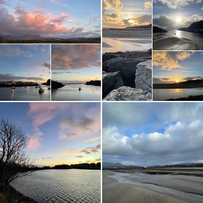 A collage of sea-, sky- and landscapes around Porthmadog.