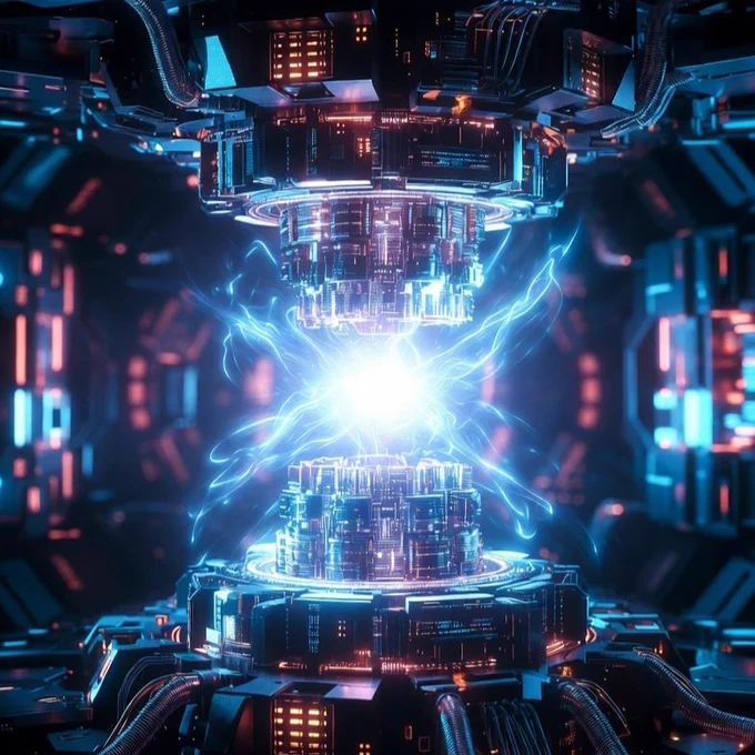 An ultra futuristic computer core, with a central column, where a ball of energy is emitting power