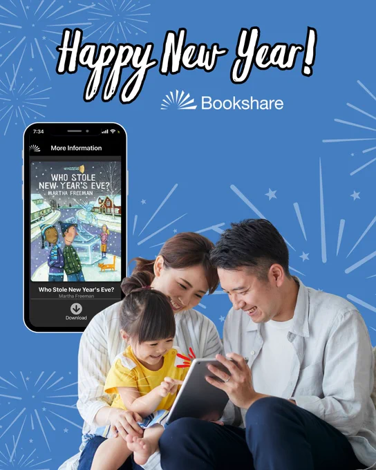 A young, Asian American family gather around a reading tablet. Behind them is a Smartphone with Bookshare Reader open on the screen and a background of fireworks.