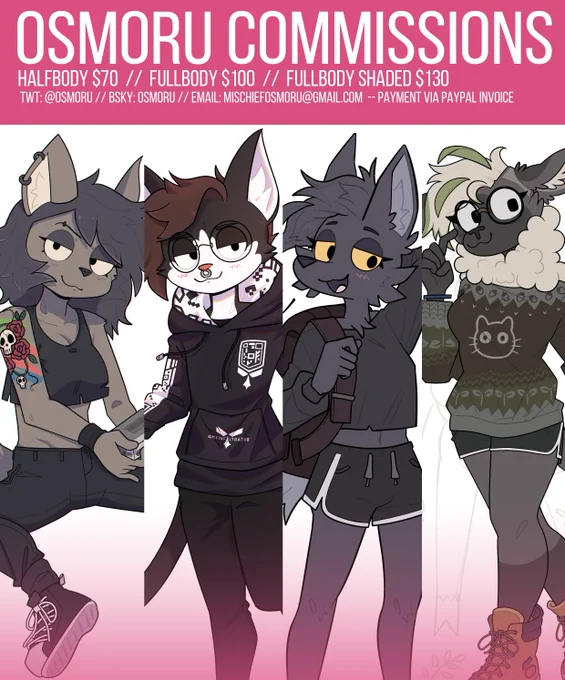 I'm opening commissions for anthro-style fullbodies and halfbody drawings. This batch will be done within January. My ToS is here (unchanged): docs.google.com/document/d/10e9xNlw--uY8MB_eFq7QSZgjvNJvepVPuXz65ikkuTg/edit?usp=sharing&pli=1&authuser=0 . More examples can be found on Bluesky and twitter. Price is per character.