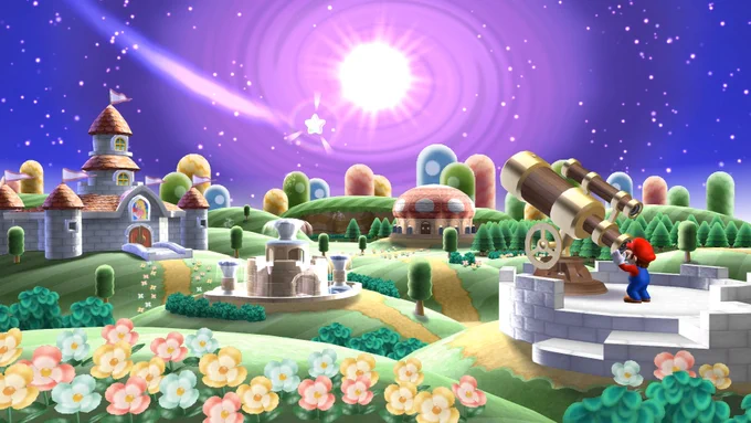Mario looks through a telescope in front of Peach's Castle in Mario Party 9.