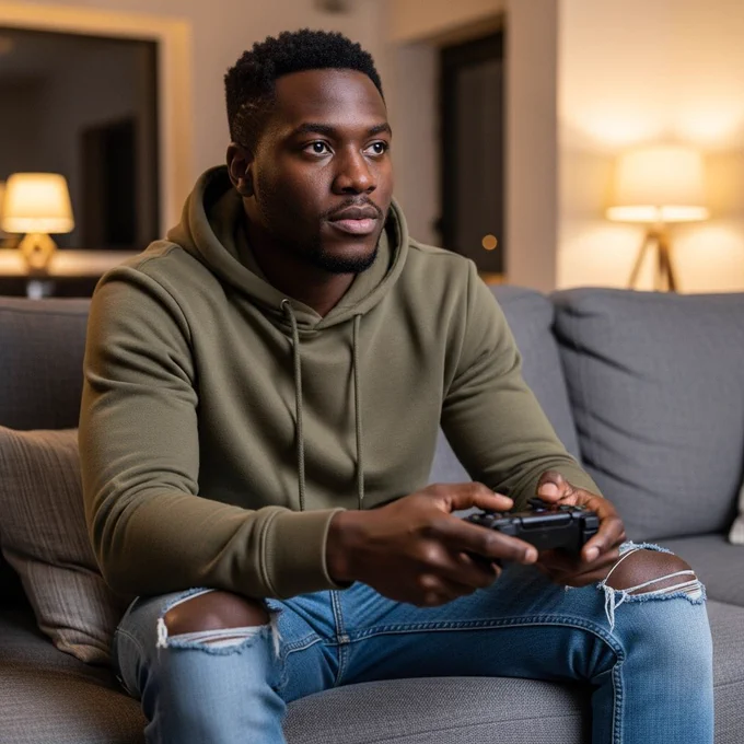 African man playing a non wire corded console video game, seated on a couch, relaxed posture, focused face, casual streetwear hoodie and jeans, warm indoor lighting, modern living room, camera at eye level, shallow depth of field, natural skin tones, realistic style.