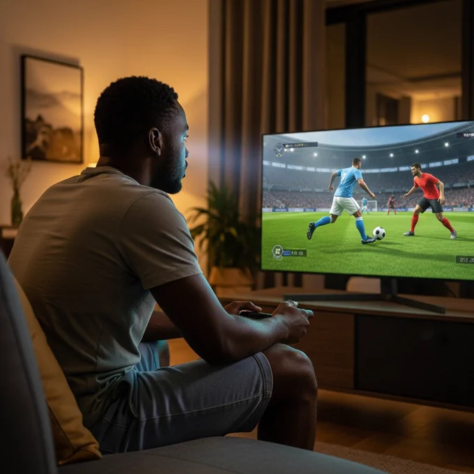 African man playing a football video game on a large screen, sitting on a low couch, focused posture, casual home wear, soft ambient lighting, camera placed behind and slightly to the side, screen glow reflecting on face.
