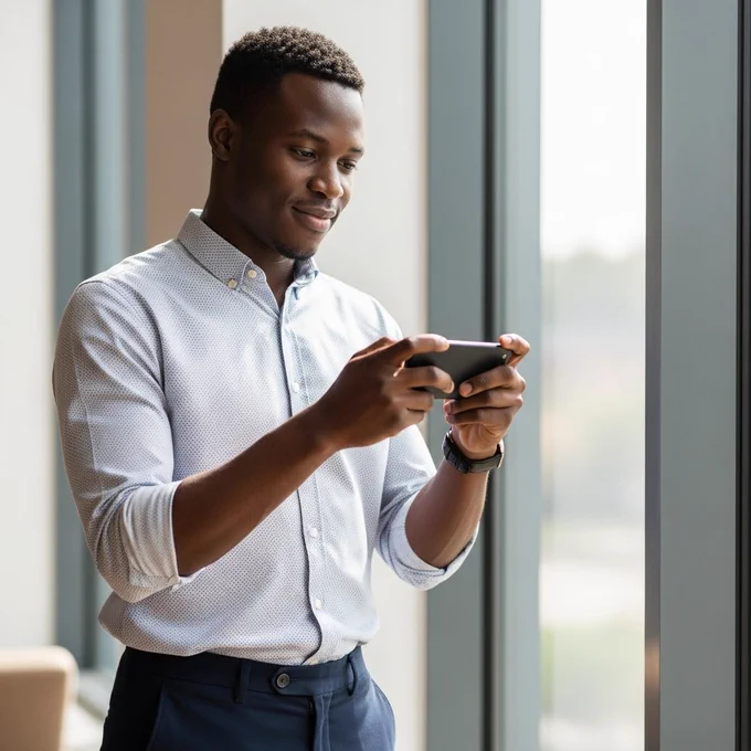 African man playing a mobile game, standing by a window, slight smile, one hand holding phone, other hand relaxed, smart casual outfit, soft daylight coming from the side, camera at chest level, clean background, lifestyle stock photo feel.