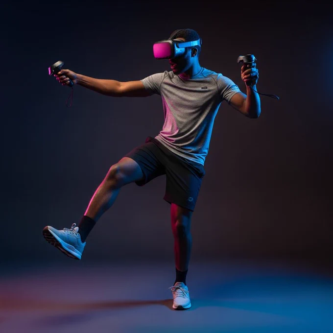 African man playing a VR game, wearing a VR headset and motion controllers, active body movement, sporty outfit, cool studio lighting, wide angle shot, simple background, sense of motion without blur.