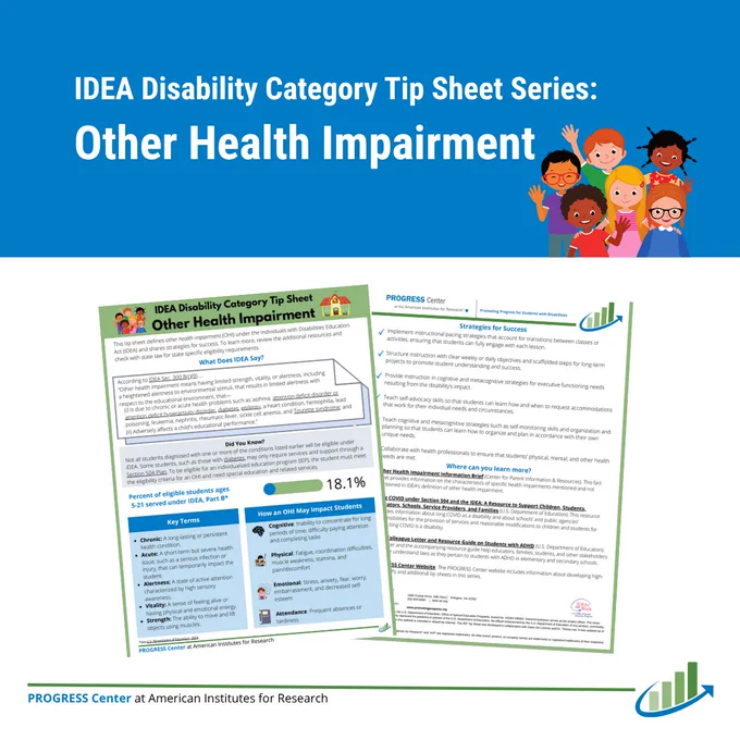 Graphic titled "IDEA Disability Category Tip Sheet Series: Other Health Impairment" that features screenshots of the tip sheet's pages. The PROGRESS Center logo is in the bottom right corner.