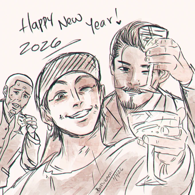Usami with casual clothes and a cap, Tsurumi and Shiraishi celebrating with cups. Shiraishi isn't happy (He's kinda scared) while Usami and Tsurumi are smiling and winking.