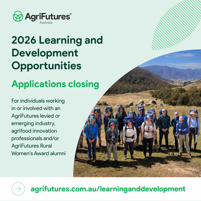 Group of people outdoors in hiking gear with mountainous landscape, promoting AgriFutures 2026 learning and development opportunities.