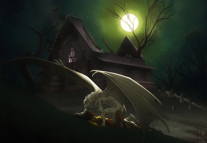 Illustration - fantasy gothic romance. Nighttime scene with a heavily green atmosphere and a bright, full moon casting light over a crumbling mausoleum, askew gravestones, and dying, nearly bare-branched trees. In the foreground are two figures. Lying on the ground is a female elf with a medium complexion and long, straight, dark hair. She wears a D&D monk's clothes and a necklace with a symbol of Lathander. Looming over her is Astarion in a unique werebat form. His pale complexion translates to an overall alabaster skin and fur-tone and his ruby eyes glow intensely. He holds his wings over the female figure in a gesture of claiming, protecting, or both.