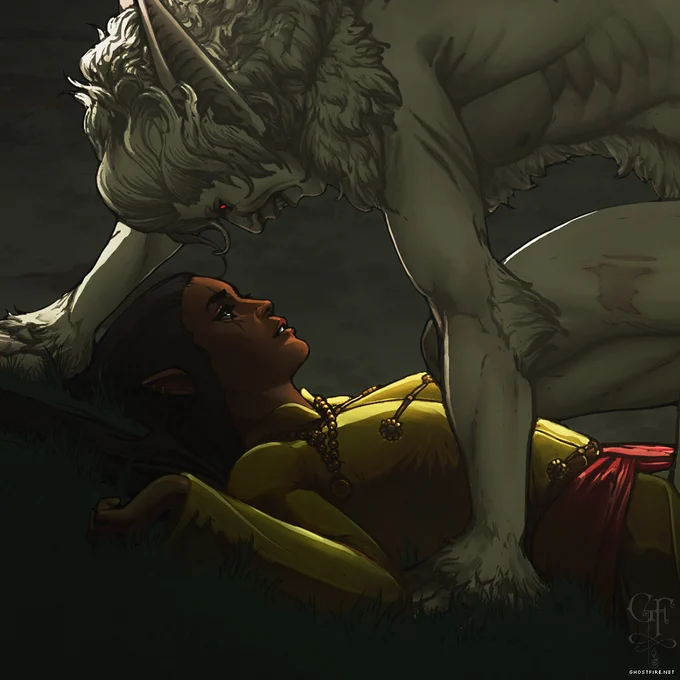 Illustration - closeup - fantasy gothic romance. Nighttime scene with a heavily green atmosphere and a bright, full moon casting light over a crumbling mausoleum, askew gravestones, and dying, nearly bare-branched trees. In the foreground are two figures. Lying on the ground is a female elf with a medium complexion and long, straight, dark hair. She wears a D&D monk's clothes and a necklace with a symbol of Lathander. Looming over her is Astarion in a unique werebat form. His pale complexion translates to an overall alabaster skin and fur-tone and his ruby eyes glow intensely. He holds his wings over the female figure in a gesture of claiming, protecting, or both.