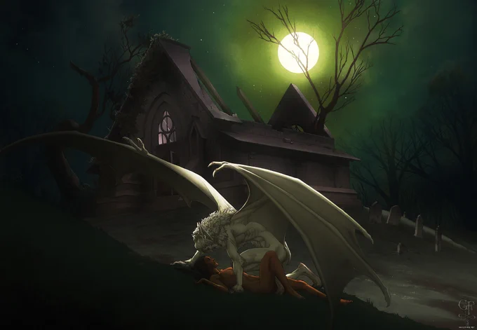Illustration (closeup of a larger image, also in this post) - fantasy gothic romance. In the foreground are two figures. Lying on the ground is a female elf with a medium complexion and long, straight, dark hair. She wears a necklace with a symbol of Lathander. Looming over her is Astarion in a unique werebat form. His pale complexion translates to an overall alabaster skin and fur-tone and his ruby eyes glow intensely. He holds his wings over the female figure in a gesture of claiming, protecting, or both.
