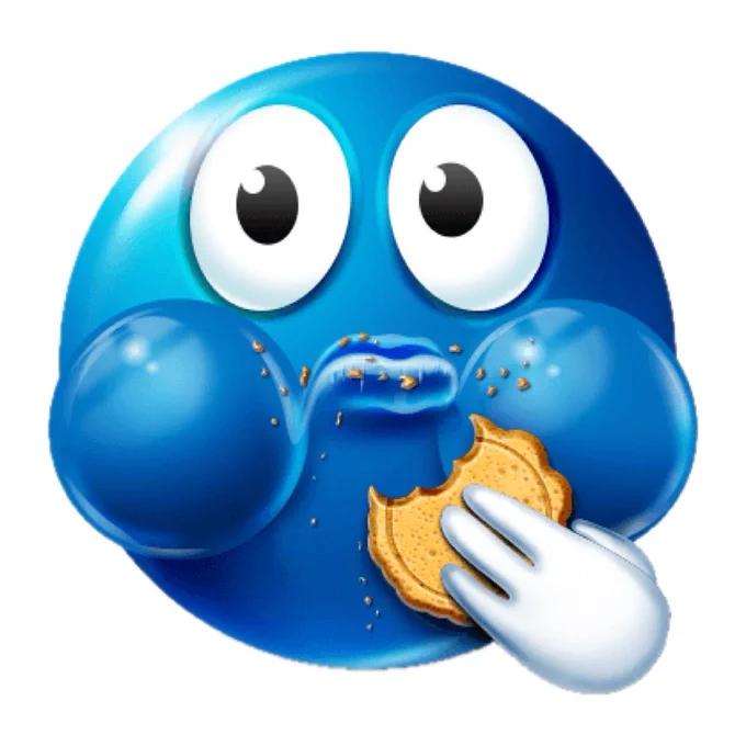 Meme of an animated blue face emoji eating a cookie with crumbs all over its lips and face, except the emoji has frozen in shock mid-bite.
