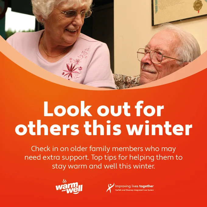 An elderly couple pictured. Text reads "look out for others this winter"