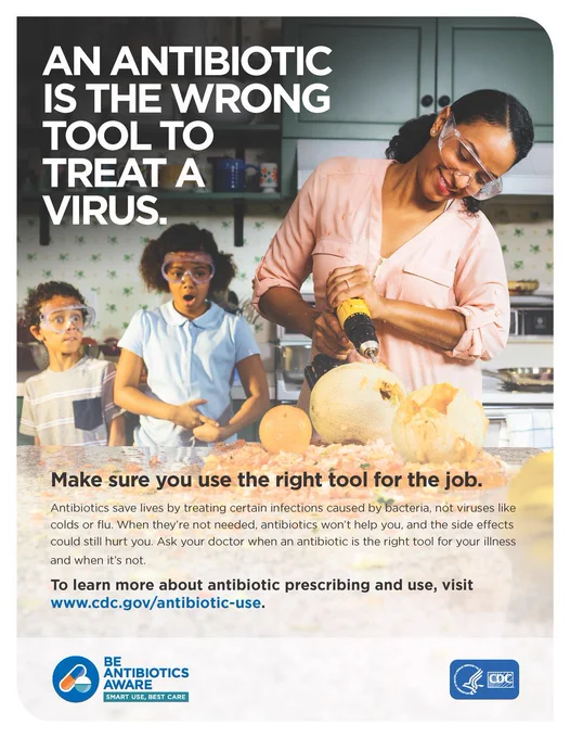 Poster with “An antibiotic is the wrong tool to treat a virus” in upper-left corner. One woman pictured using a drill to cut fruit. Two children in the background. Antibiotic use guidance towards bottom of poster. BAA logo in bottom-left corner. HHS/CDC badge in bottom-right corner. 