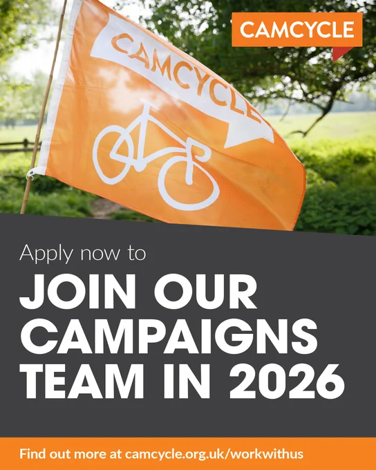 A picture of an orange flag outside with the Camcycle logo on it. Text reads: Apply now to Join Our Campaigns Team in 2026. Find out more at camcycle.org.uk/workwithus