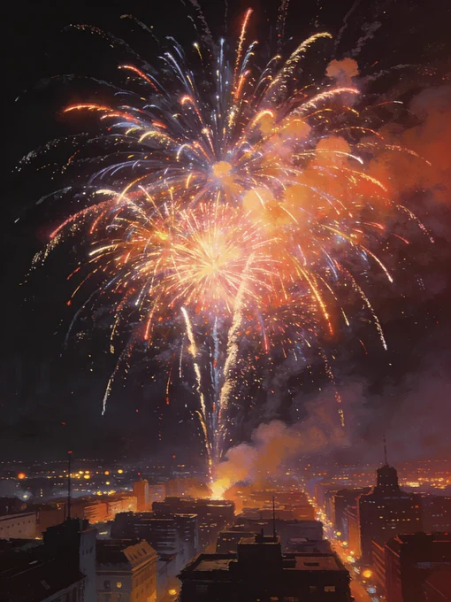 Celebratory fireworks burst in vibrant colors over a city at night, illuminating the skyline with a dazzling display.