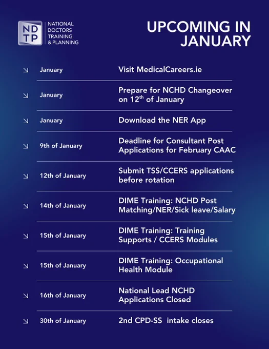Upcoming in January
January - Visit MedicalCareers.ie
January - Prepare for NCHD Changeover on 12th of January
January - Download the NER App
9th of January - Deadline for Consultant Post Applications for February CAAC
12th of January - Submit TSS/CCERS applications before rotation 
14th of January - DIME Training: NCHD Post Matching/NER/Sick leave/Salary
15th of January - DIME Training: Training Supports / CCERS Modules
15th of January - DIME Training: Occupational Health Module
16th of January - National Lead NCHD Applications Closed
30th of January - 2nd CPD-SS  intake closes