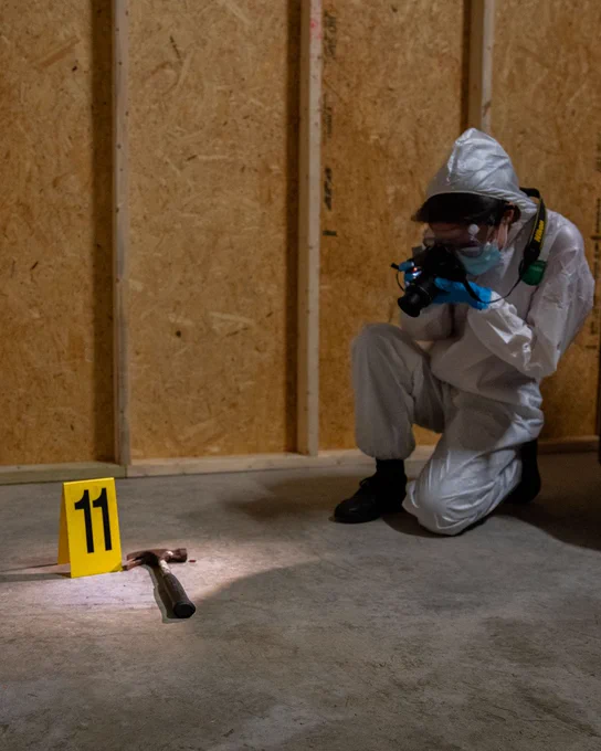 student takes photo of hammer in mock crime scene