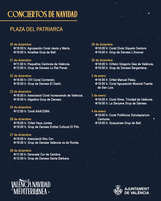 Cartel de conciertos de Navidad en la Plaza del Patriarca, Valencia, del 20 al 4 de Enero. Incluye fechas, horas y grupos participantes.
