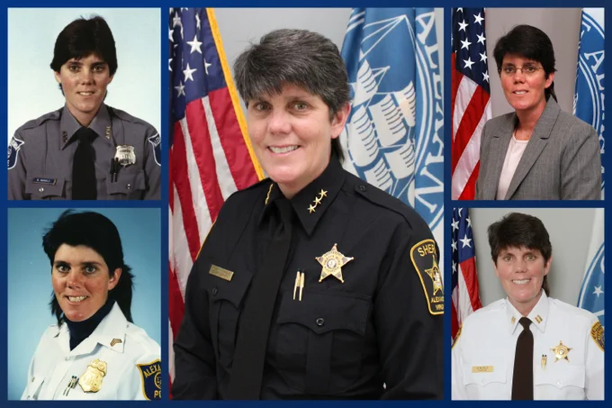Collage of five formal portraits showing a law enforcement officer throughout her 40 year career