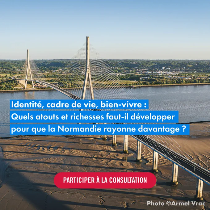 📸 Pont de Normandie, emblème d’une région tournée vers l’avenir.

Cette image symbolique illustre la question centrale de la Grande Consultation Normande :
"Identité, cadre de vie, bien-vivre : quels atouts et richesses faut-il développer pour que la Normandie rayonne davantage ?"

🗣️ À l'occasion des 10 ans de la réunification de la Normandie, les habitants sont invités à partager leur vision, leurs idées et leurs priorités pour renforcer l’attractivité et le rayonnement de leur région.

🟦 Un visuel fort, à l’image des paysages et des infrastructures normandes, qui rappelle que c’est ensemble, en construisant des ponts entre idées et territoires, que l’on façonne le futur de la Normandie.

📍 Photo : Armel Vrac
