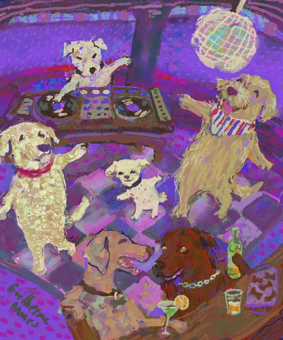 In a nightclub, a dog DJ animates the dance floor; dogs dance on the dance floor and dogs drink in moderation at the bar.