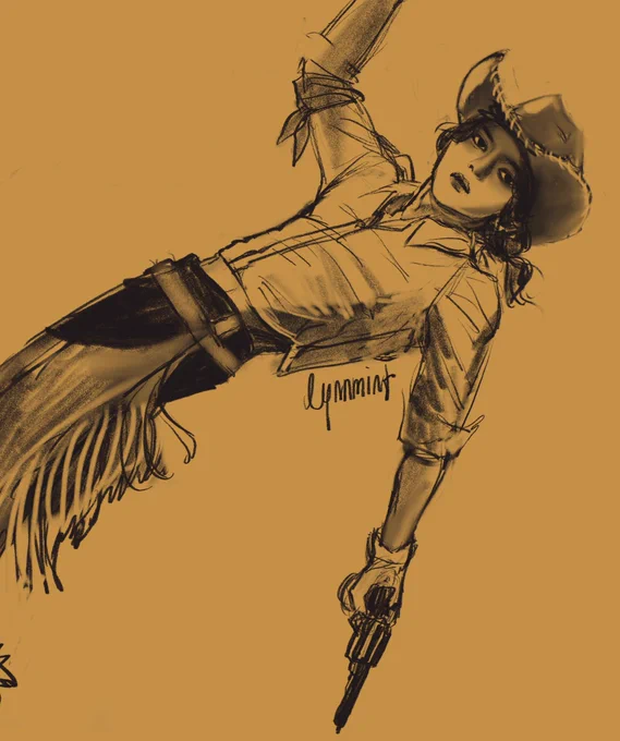 digital, sketchy pencil drawing of ateez yeosang in a cowboy outfit and holding revolver; he is posed leaning back like in the Legacy choreography